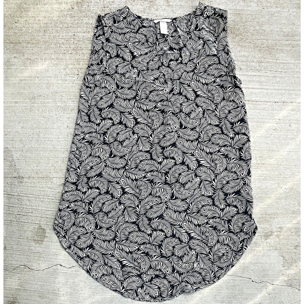 H&M Tank Womens 8 Black White Feather Print Sleeveless V-Neck Pullover Boho